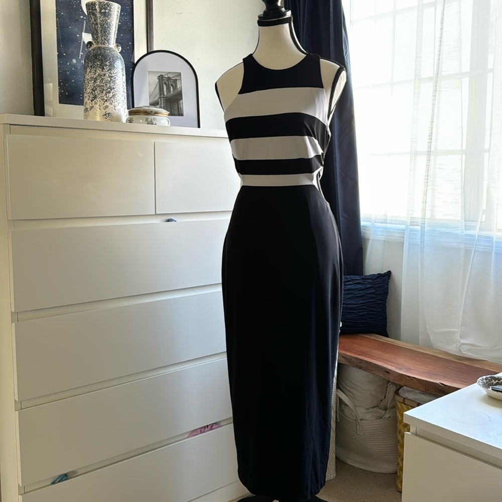 Ralph Lauren Black and White Striped Midi Dress